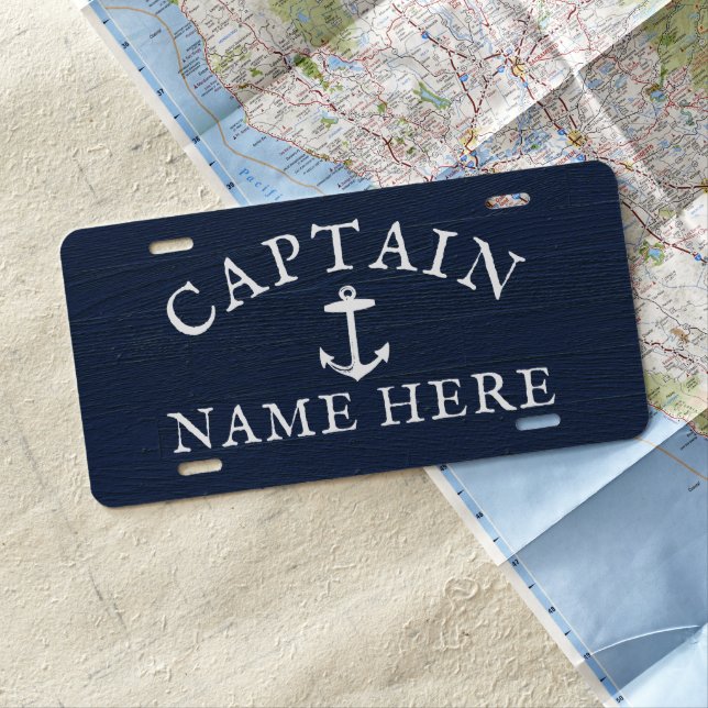 Boat Captain Name Nautical Anchor Navy Blue License Plate (In Situ)