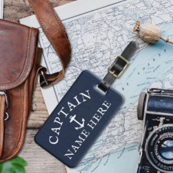 Boat Captain Name Nautical Anchor Navy Blue Luggage Tag by cutencomfy at Zazzle