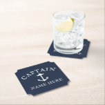 Boat Captain Name Nautical Anchor Navy Blue Paper Coaster