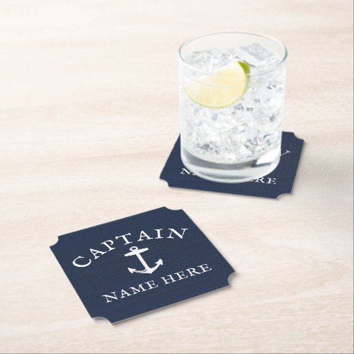 Boat Captain Name Nautical Anchor Navy Blue Paper Coaster