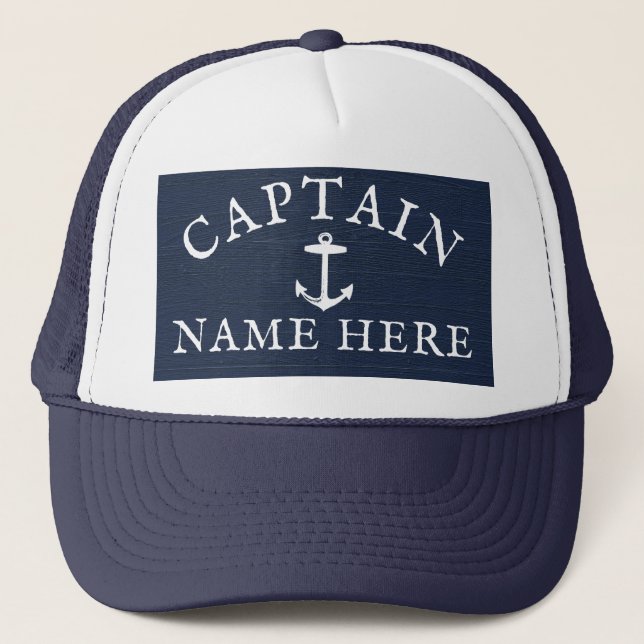 Boat Captain Name Nautical Anchor Navy Blue Trucker Hat (Front)