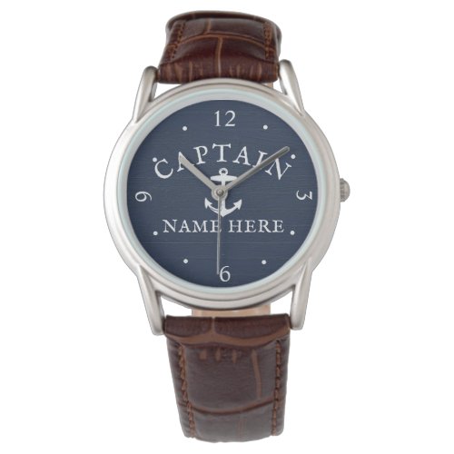 Boat Captain Name Nautical Anchor Navy Blue Watch