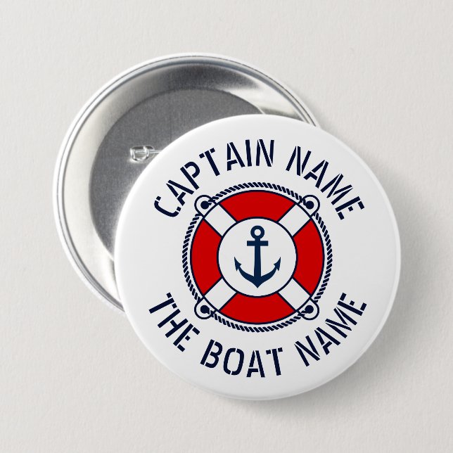 Boat captain name red lifebuoy life saver lifebelt button (Front & Back)