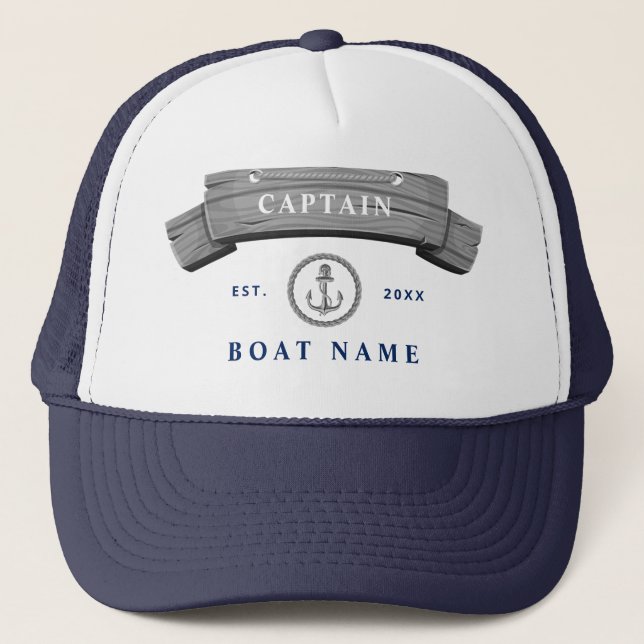 Boat captain nautical anchor name personalized trucker hat (Front)