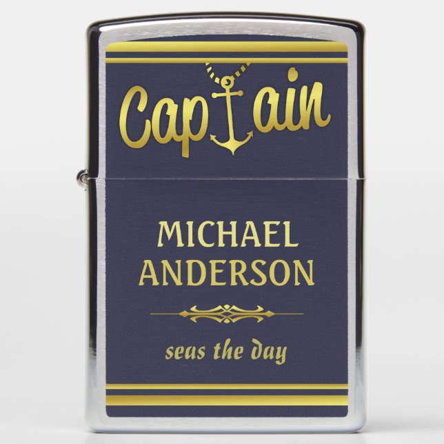 Boat Captain Nautical Gold Anchor | Custom Name Zippo Lighter (Front)