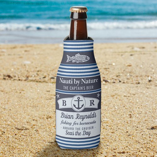 Boat Captain Nautical Sailor Striped Blue Beer Bottle Cooler