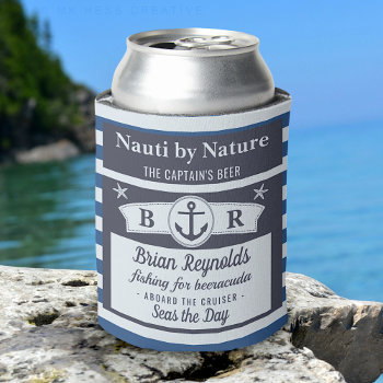 Boat Captain Nautical Sailor Striped Blue Beer Can Cooler by LaborAndLeisure at Zazzle