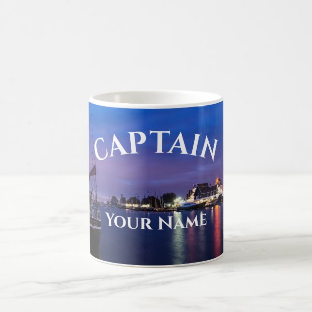Boat captain on illuminated harbor background coffee mug (Center)