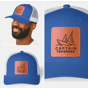 Boat Captain Pontoon Custom Name Nautical wave Leather Patch Hat