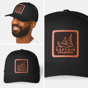 Boat Captain Pontoon Custom Name Nautical wave Leather Patch Hat