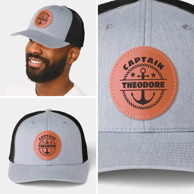Boat Captain Pontoon Monogram Name Nautical Leather Patch Hat (boat captain baseball hats anchor nautical modern ship yacht boat crew)