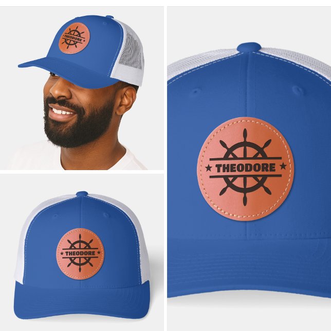 Boat Captain Pontoon Monogram Name Nautical Leather Patch Hat (boat captain hats anchor sailor sailing sail boat ship yacht boat crew boating nautical modern navy )