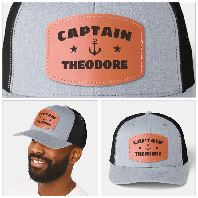 Boat Captain Pontoon Personalized Name Nautical Leather Patch Hat (boat captain baseball hats anchor nautical modern skipper marina  ship yacht boat crew sailor crew)