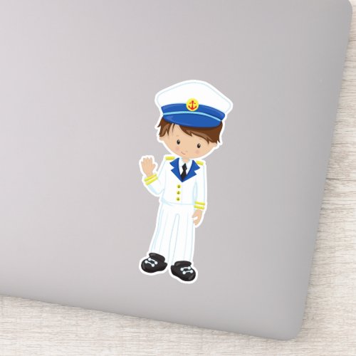 Boat Captain Skipper Brown Hair Cute Boy Sticker