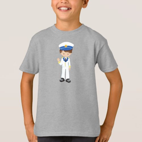 Boat Captain Skipper Brown Hair Cute Boy T_Shirt