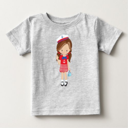 Boat Captain Skipper Brown Hair Cute Girl Baby T_Shirt