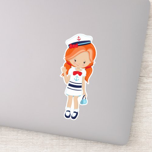 Boat Captain Skipper Cute Girl Orange Hair Sticker