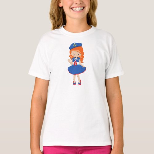 Boat Captain Skipper Orange Hair Cute Girl T_Shirt