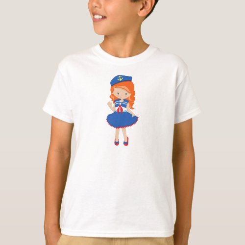Boat Captain Skipper Orange Hair Cute Girl T_Shirt