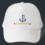 Boat Captain Trucker Hat<br><div class="desc">Nautical themed "Captains Hat" with a blue boat anchor and maroon stars. The text is a gold color. "CAPTAIN" baseball cap is perfect for the "boat captain" in your life! Makes a wonderful gift for someone who owns a sailboat or yacht. Add a matching "first mate" baseball hat. To see...</div>