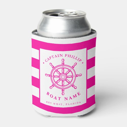 Boat Captains Rudder Wheel Hot Pink Can Cooler