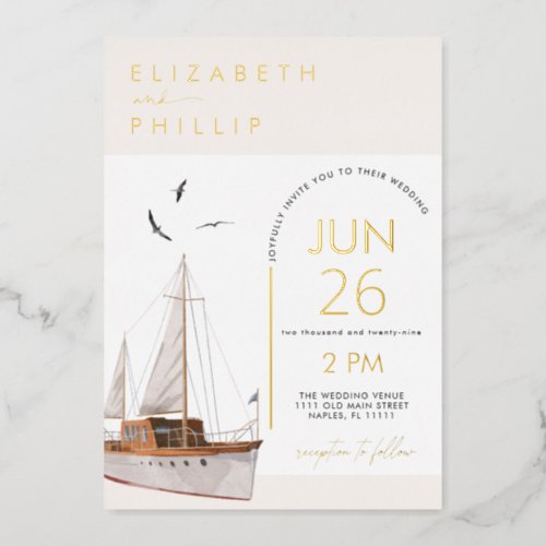 Boat Coastal Nautical Wedding Foil Invitation
