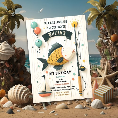 boat cute boy Fish ofishally one 1st Birthday Invitation