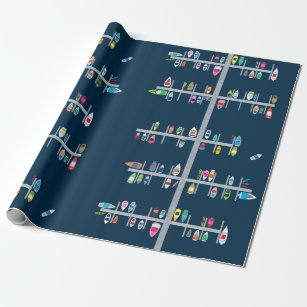 Boat Docks- Multicolor on Navy Wrapping Paper
