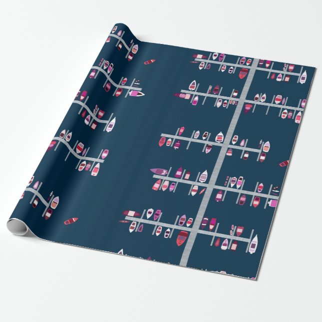 Boat Docks- Pink And Reds on Navy Wrapping Paper (Unrolled)