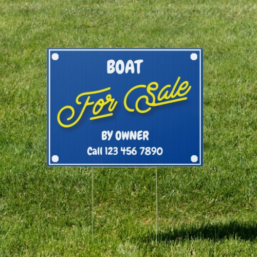 Boat For Sale White Text Yellow Script Blue Sign