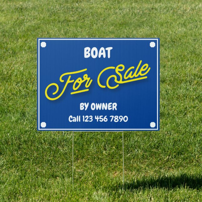 Boat For Sale White Text Yellow Script Blue Sign (Insitu)