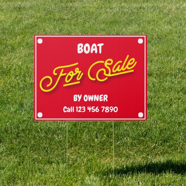 Boat For Sale White Text Yellow Script Red Sign (Insitu)