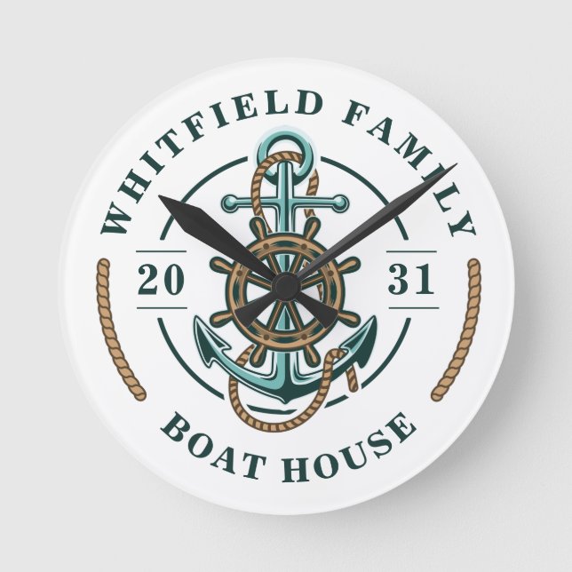 Boat House Anchor Boat Wheel Year Est Personalized Round Clock (Front)
