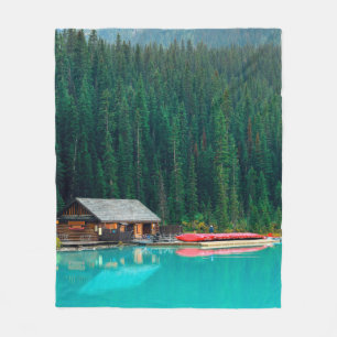 Boat house by Lake Louise in Banff National Park,  Fleece Blanket