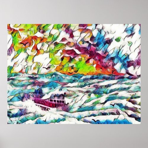 Boat in stormy sea poster