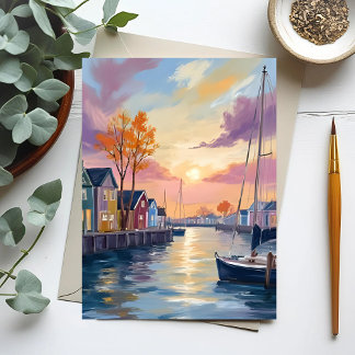 Boat Marina | Coastal Bay Watercolor Painting Postcard