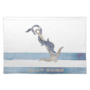  Boat Name,Anchor Dolphin Light Blue Stripes  Cloth Placemat
