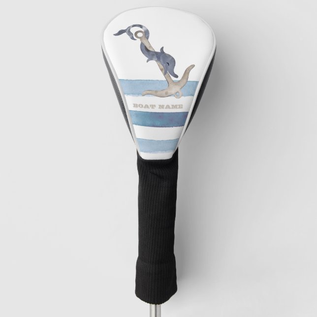 Boat Name,Anchor Dolphin Light Blue Stripes  Golf Head Cover (Front)