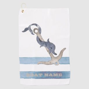 Boat Name,Anchor Dolphin Light Blue Stripes Golf Towel