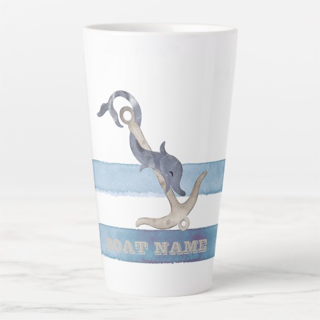 Boat Name,Anchor Dolphin Light Blue Stripes  Latte Mug (Front)