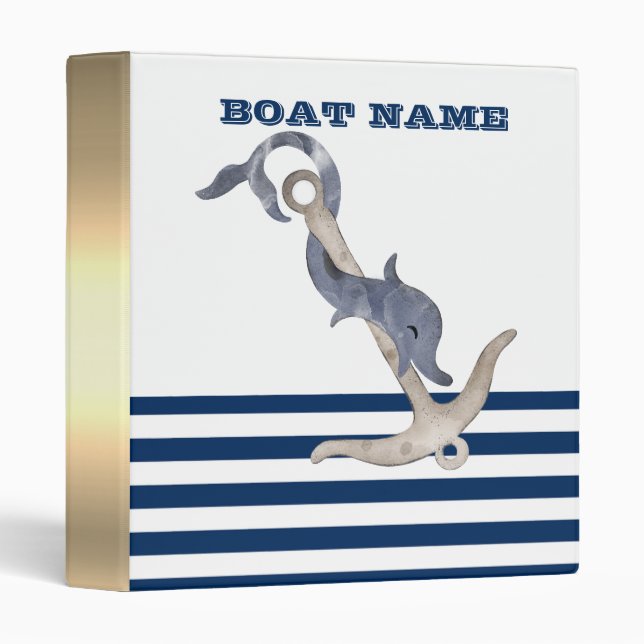  Boat Name,Anchor Dolphin Navy Blue Stripes  3 Ring Binder (Front/Spine)