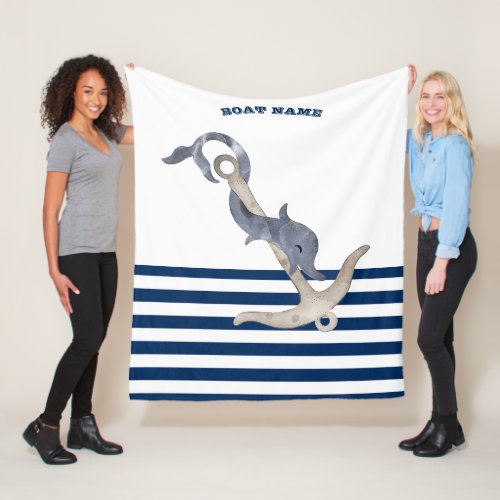  Boat NameAnchor Dolphin Navy Blue White Stripes  Fleece Blanket