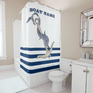 Boat Name,Anchor Dolphin Navy Blue White Stripes Shower Curtain