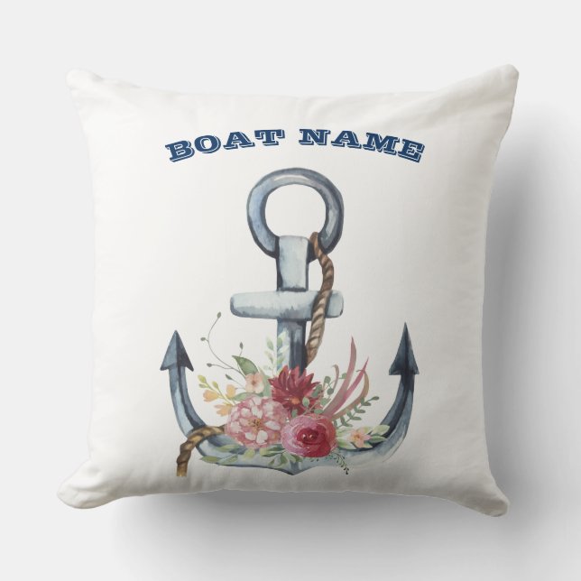  Boat Name,Anchor Flowers Navy Blue Stripe Throw Pillow (Front)