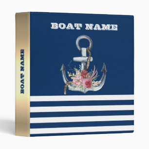  Boat Name,Anchor Flowers Navy Blue Striped 3 Ring Binder
