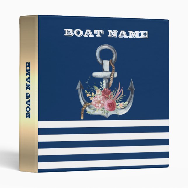  Boat Name,Anchor Flowers Navy Blue Striped 3 Ring Binder (Front/Spine)