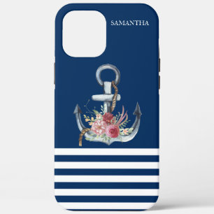 Boat Name,Anchor Flowers Navy Blue Striped iPhone 12 Pro Max Case