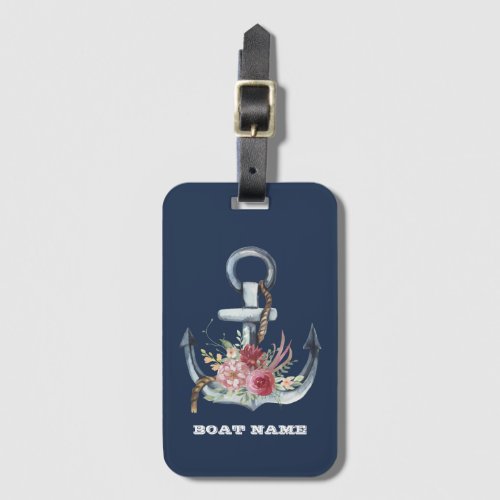  Boat NameAnchor Flowers Navy Blue Striped Luggage Tag