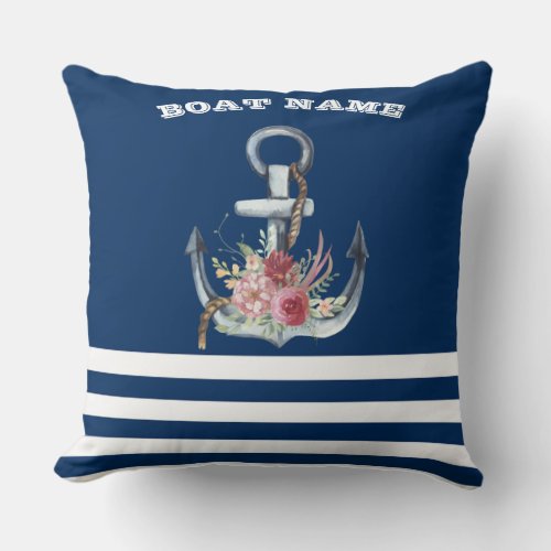  Boat NameAnchor Flowers Navy Blue Striped Throw Pillow