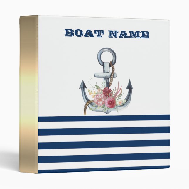  Boat Name,Anchor Flowers Navy Blue Stripes  3 Ring Binder (Front/Spine)